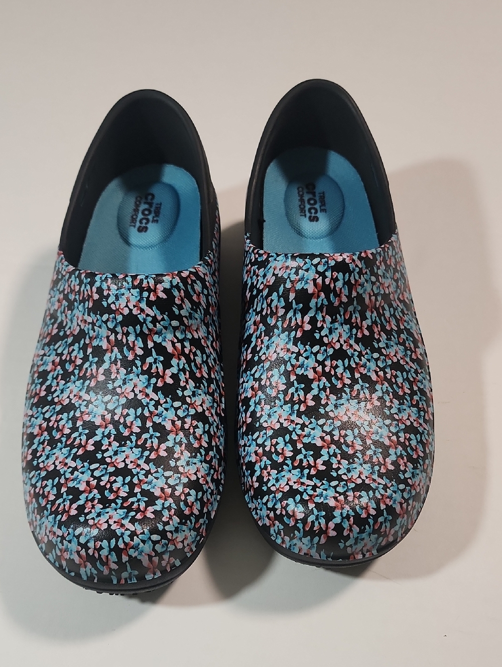 CROCS Slip Resistant Triple  Comfort Floral Slip-On Clogs Mules, Size 8